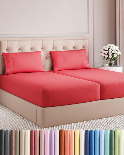 Split King Size 5-Piece Sheet Set - Ultra-Soft Cooling Bed Sheets | Hotel Luxury Bedding - Deep Pockets, Wrinkle-Free - Oeko-Tex Certified - Red