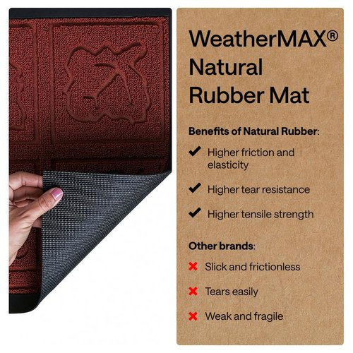 GORILLA GRIP 100% Waterproof All-Season WeatherMAX Doormat 35x23, US Designed Natural Rubber, Stain and Fade Resistant, Low Profile Indoor Outdoor Door Mats, Easy Clean Patio Mat, Burgundy Leaves