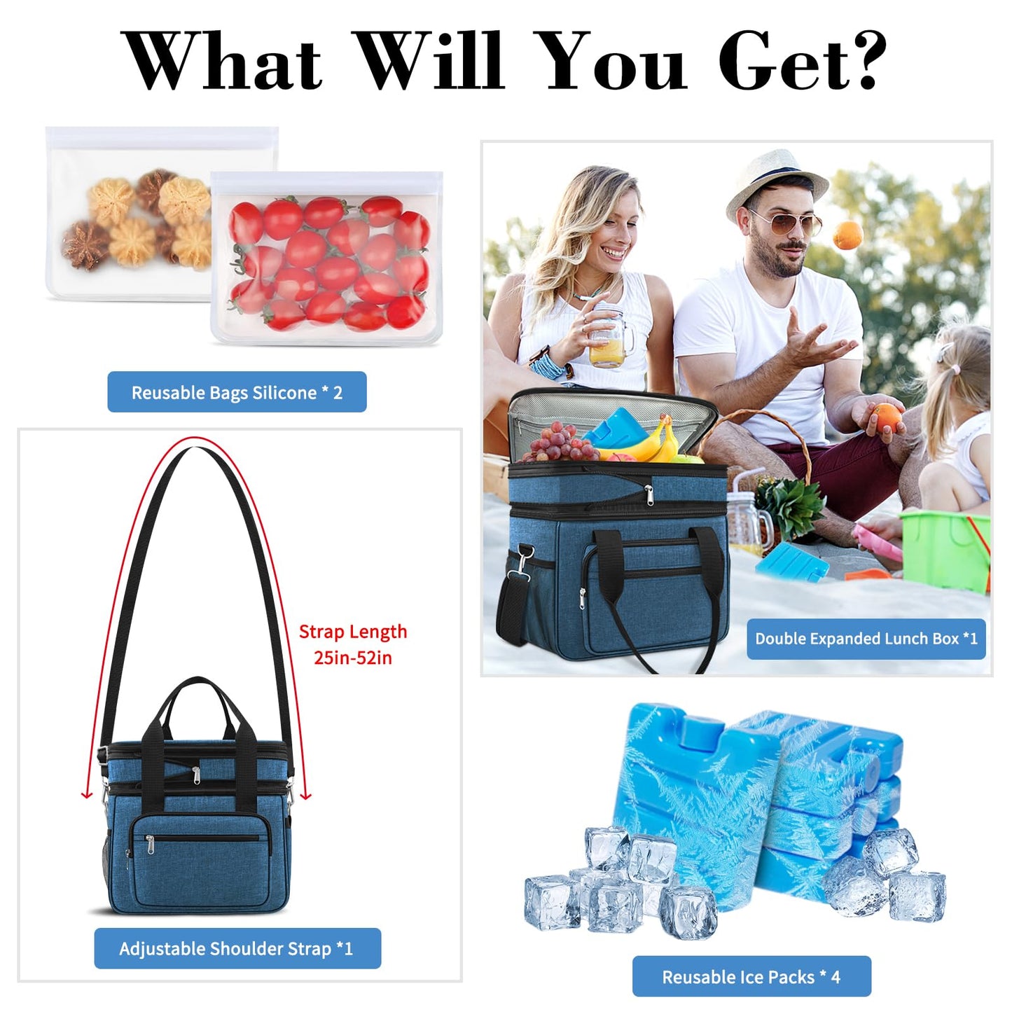 Lunch Box for Men,23L Expandable Insulated Large Cooler Lunch Box, Double Deck Leakproof Lunch Tote Bag with 4 Ice packs,2 Snack Bags, Shoulder Strap for Adult/Women,Work,Picnic,Camping-Blue