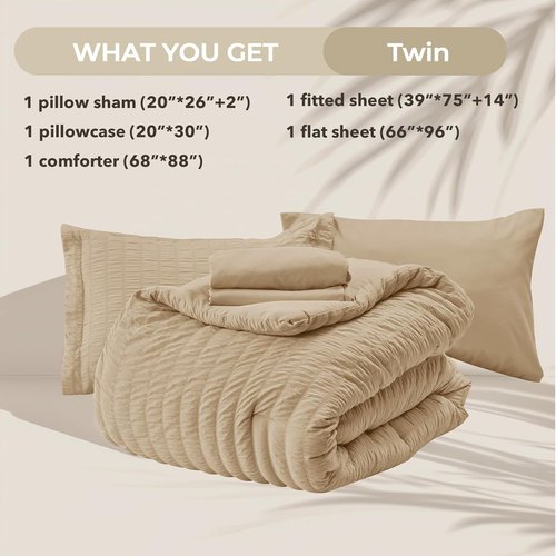 HYMOKEGE Twin Comforter Set - All Season Luxury 5-Piece Seersucker Bedding in Khaki