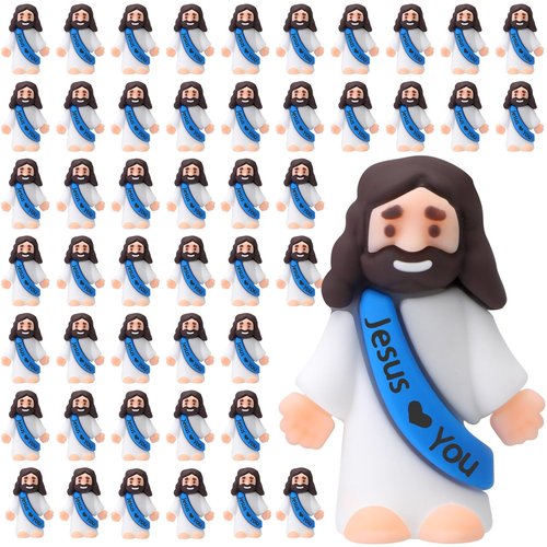 Bememo 50 Pcs Mini Jesus Figures Jesus Loves You Christ Toys Little Christ Figures to Hide and Seek Sunday School Religious Party Favors Gift(Blue)