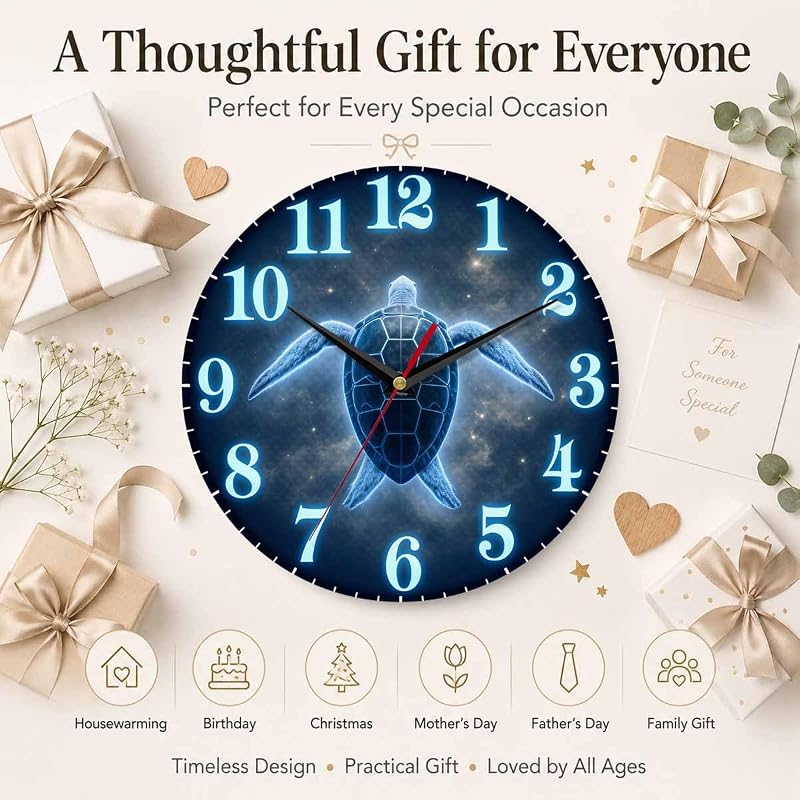 Glow Sea Turtle Wall Clock 10 Inch - Silent Battery Operated, Variation: Glow Sea Turtle+10 Inch