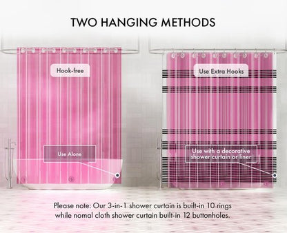 AmazerBath No Hook Shower Curtain and Liner 3-in-1, 8G Luxury Heavy Duty Clear Hot Pink No Hook Shower Curtain Liner, 72x75 Cute EVA Bathroom Weighted Plastic Shower Curtain with 3 Heavyweight Stones