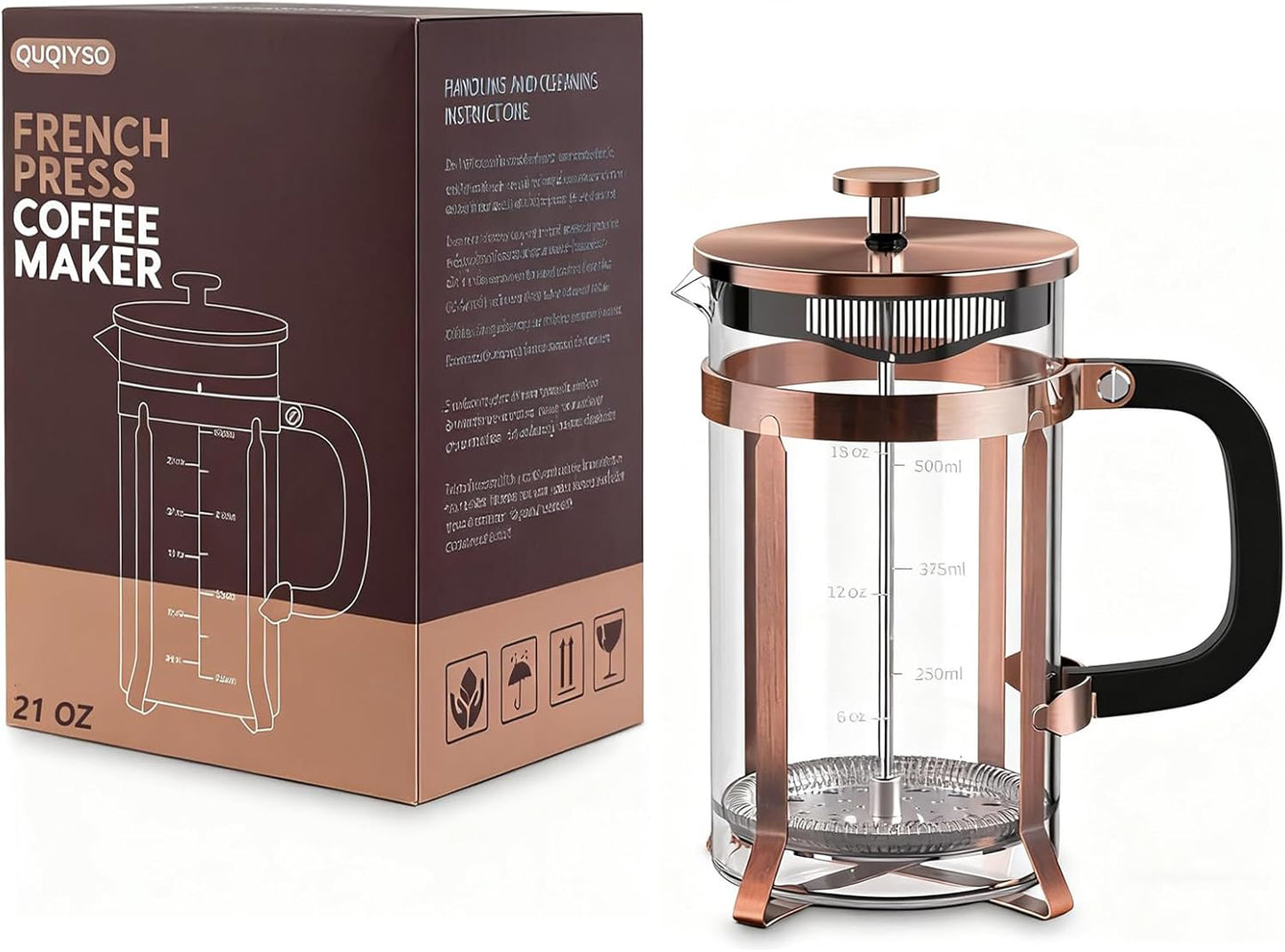 QUQIYSO Coffee Maker - 304 Stainless Steel French Press with 4 Filters | Heat Resistant, Easy to Clean, 21 oz Copper