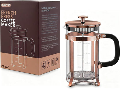 QUQIYSO Coffee Maker - 304 Stainless Steel French Press with 4 Filters | Heat Resistant, Easy to Clean, 21 oz Copper