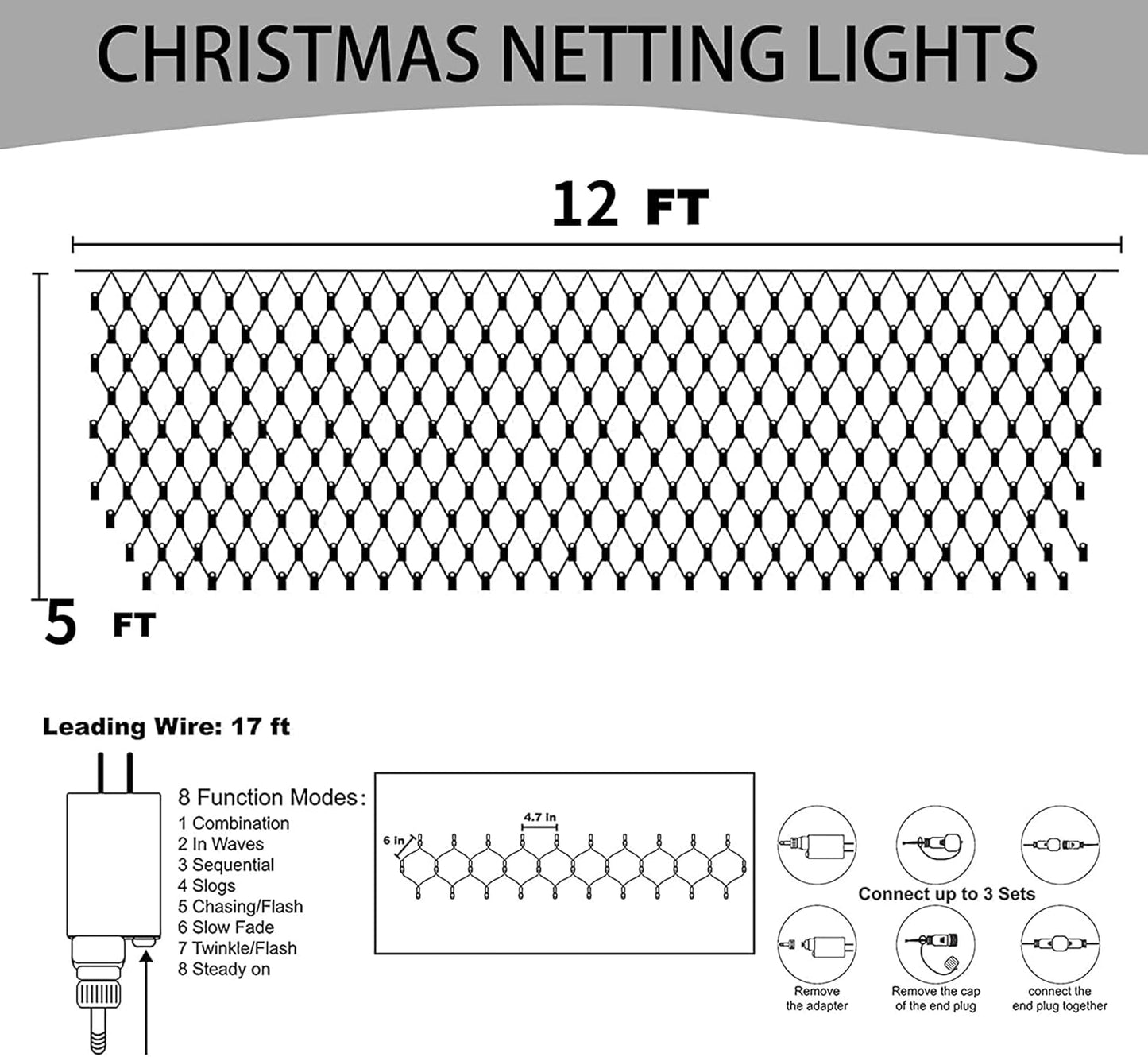 Dazzle Bright 360 LED Net Lights - 12FT x 5FT Waterproof String Lights with 8 Modes | Indoor Outdoor Christmas Decor (White)