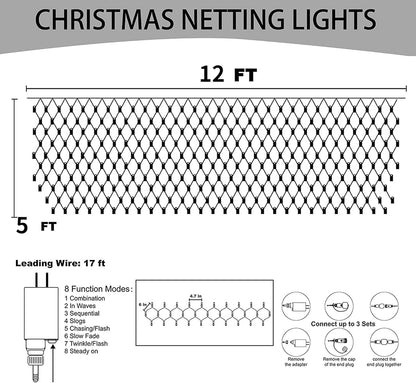 Dazzle Bright 360 LED Net Lights - 12FT x 5FT Waterproof String Lights with 8 Modes | Indoor Outdoor Christmas Decor (White)