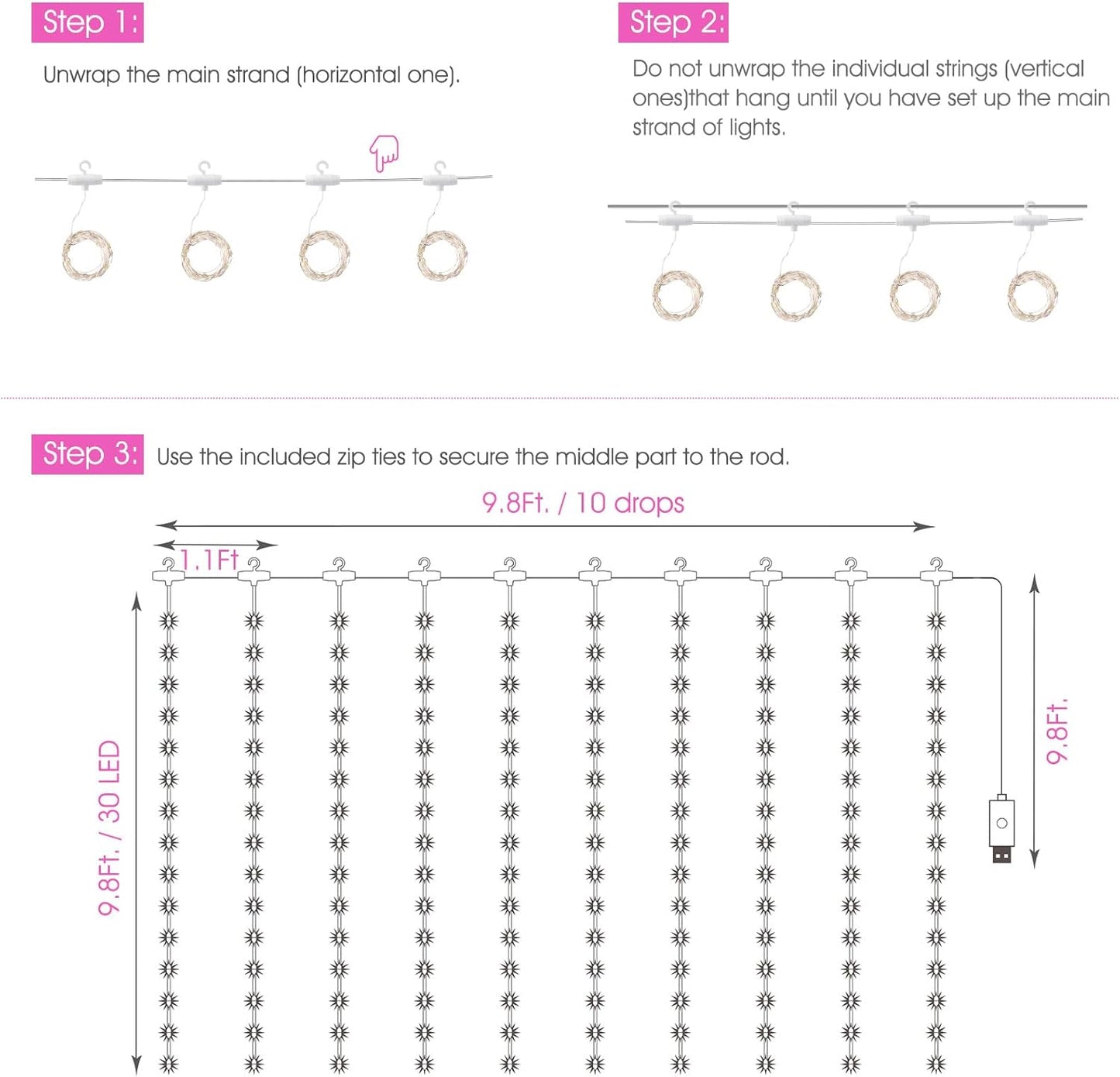 Minetom 300 LED Curtain Lights - Dimmable Fairy Lights with Remote & Timer | USB Powered Pink Decor