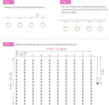 Minetom 300 LED Curtain Lights - Dimmable Fairy Lights with Remote & Timer | USB Powered Pink Decor
