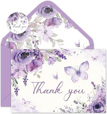 FYSUIMU Thank You Cards - 30 Pack Spring Floral Design with Lavender Butterflies | 4 x 6 Inch