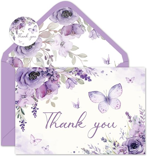 FYSUIMU Thank You Cards - 30 Pack Spring Floral Design with Lavender Butterflies | 4 x 6 Inch