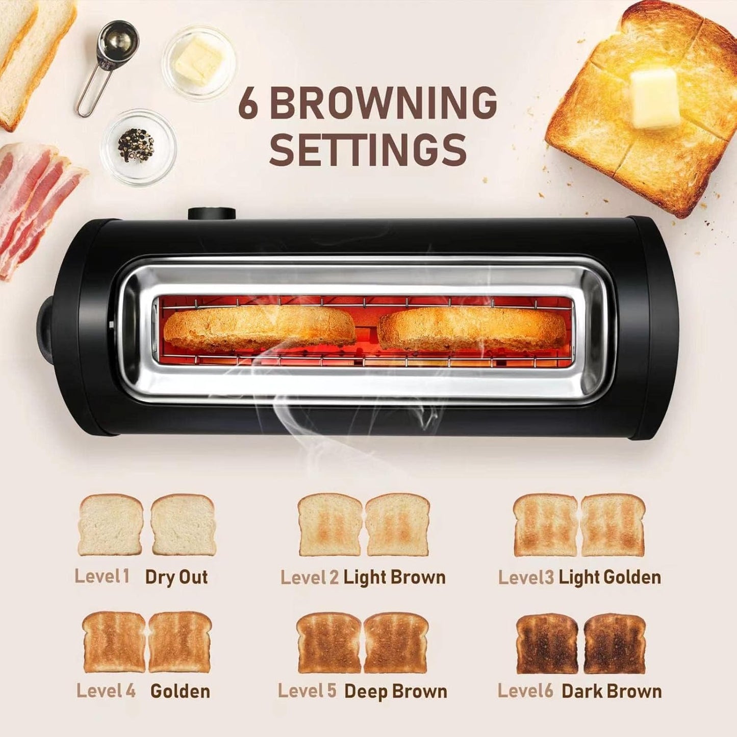 Regine Switzerland Long Slot Toaster - 2 Slice with 6 Browning Settings & Removable Crumb Tray | Black Stainless Steel