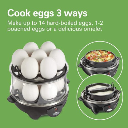 Hamilton Beach 3-in-1 Electric Egg Cooker - Hard Boiled, Poached, Omelet & Vegetable Steamer, 14 Capacity, Black
