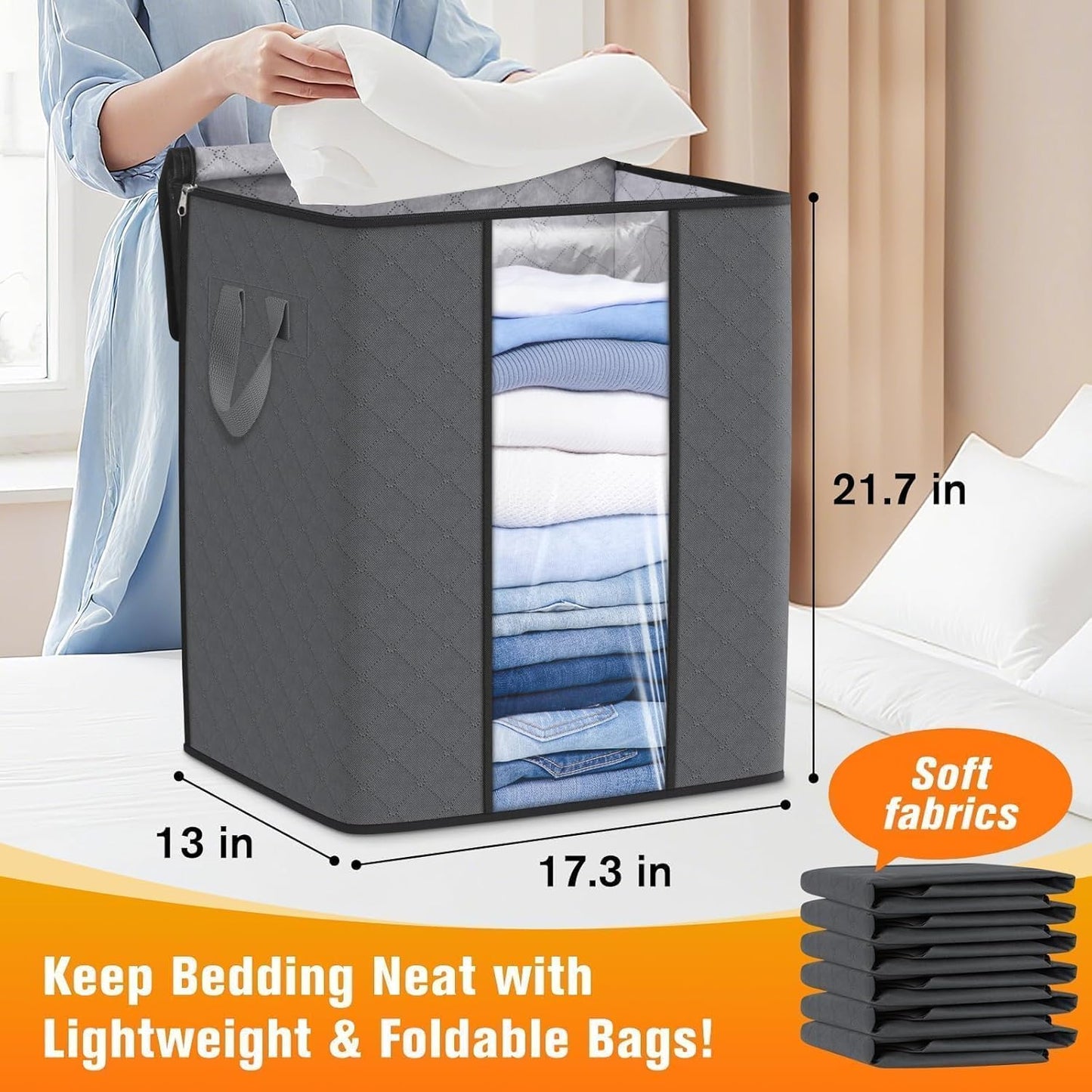 SpaceTrove Clothes Storage Bags - 80L Large Capacity Organizers with Visual Window | 6-Pack Grey Bedding Solutions