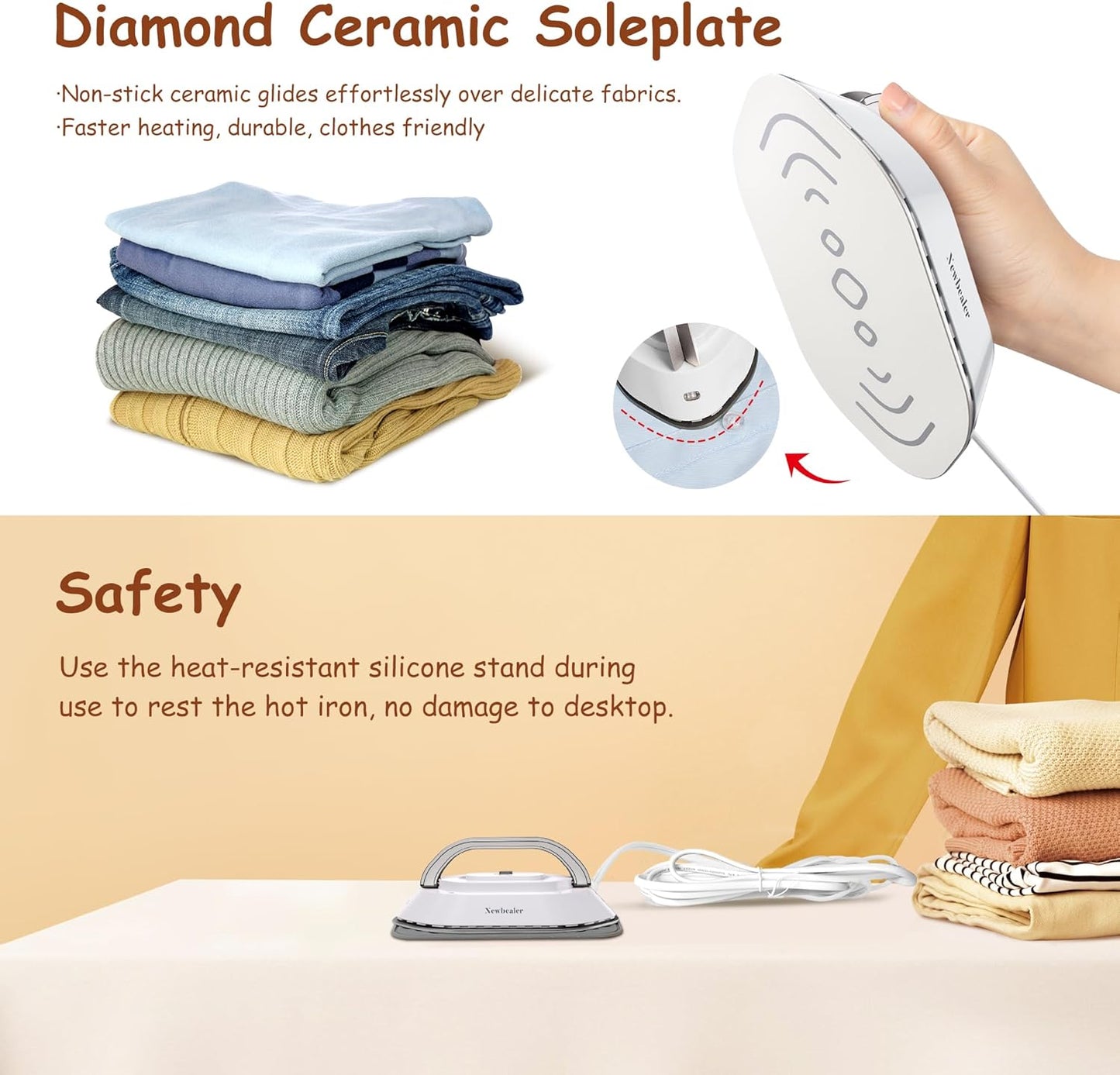 Newbealer Travel Iron - Mini Dry Iron with Global Voltage, 300W, Non-Stick Ceramic Soleplate, Silver