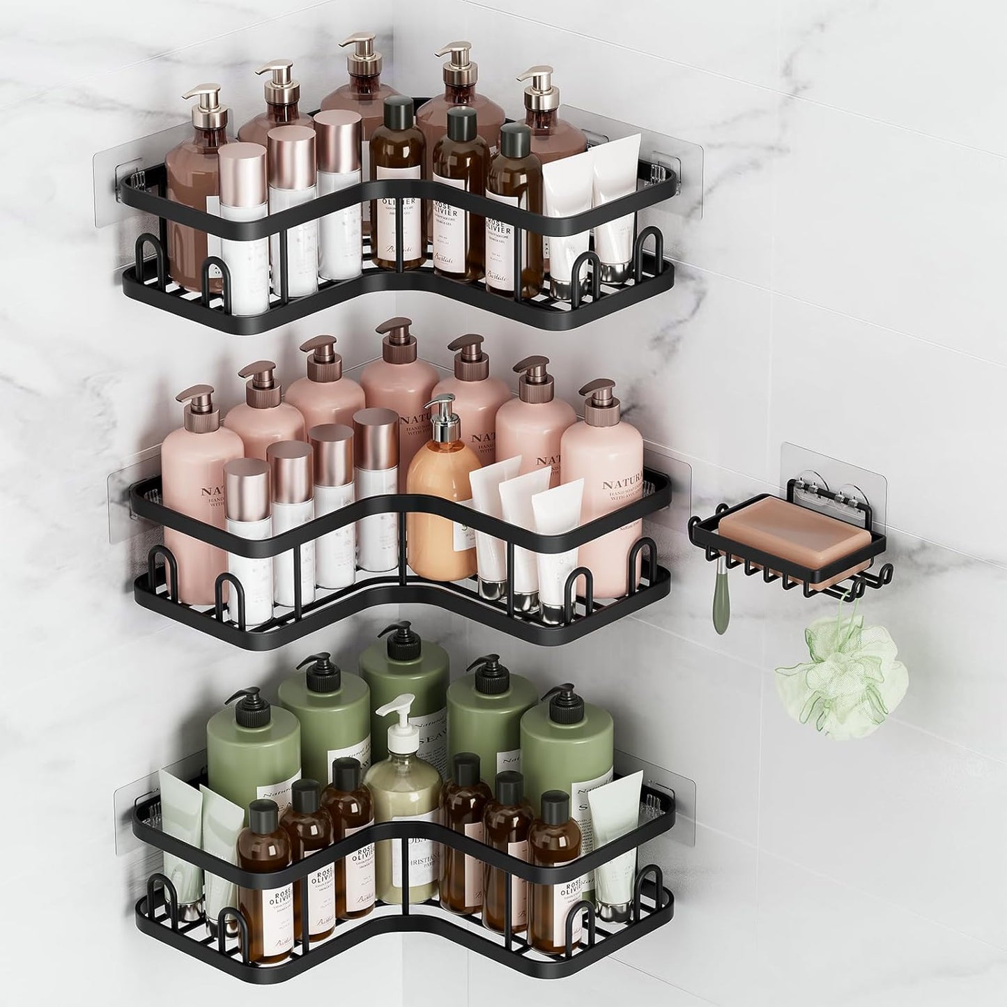 Veken Corner Adhesive Shower Caddy - Rustproof & Waterproof Bathroom Organizer | 4-Pack with Hooks & Soap Holder