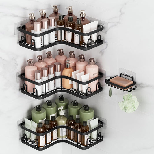 Veken Corner Adhesive Shower Caddy - Rustproof & Waterproof Bathroom Organizer | 4-Pack with Hooks & Soap Holder