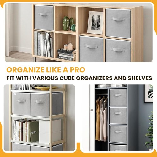 Criusia Large Storage Cubes - Set of 10 Collapsible Fabric Bins with Dual Handles | Grey 13x13 Baskets