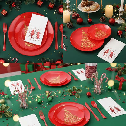 Christmas Disposable Dinnerware Set 280 PCS - 40 Plates, 40 Cups, 40 Dessert Plates, 40 Napkins, 40 Cutlery