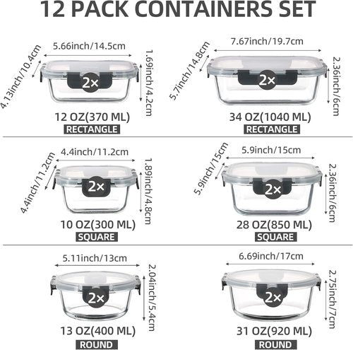 C CREST Glass Food Storage Containers Set - 12 Multi-Size Airtight Locking Lids for Meal Prep & Freshness