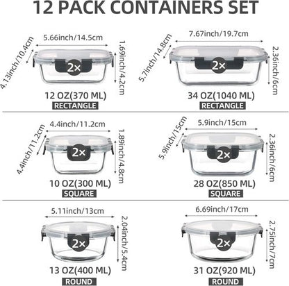 C CREST Glass Food Storage Containers Set - 12 Multi-Size Airtight Locking Lids for Meal Prep & Freshness