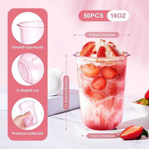 KesaPlan 50 Pcs Pink Plastic Cups - 16oz Disposable Stemless Wine Glasses for Parties & Events
