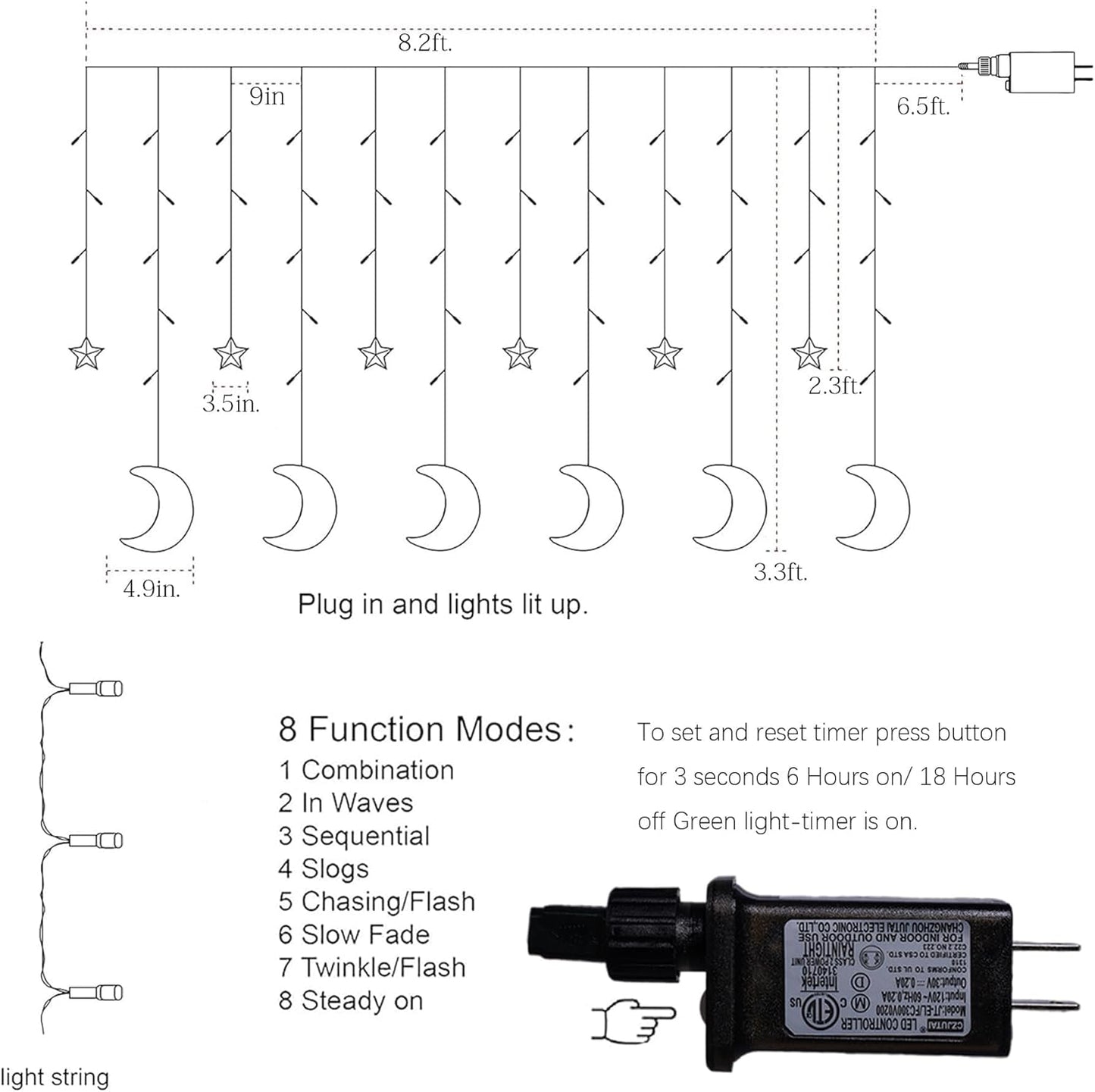TW SHINE Star & Moon Curtain String Lights - 138 LED, 8 Modes, Waterproof, 8.2 FT for Ramadan Decor
