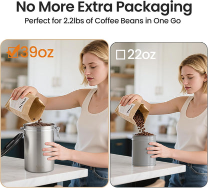 Veken Coffee Canister - 39oz Airtight Stainless Steel Storage for 2.2lbs Coffee, Sugar & Tea | Silver with Date Tracker & Scoop