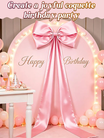 Skiennix 27" x 122" Giant Pink Bow - Satin Birthday Decoration with Long Streamers for Christmas Tree Topper