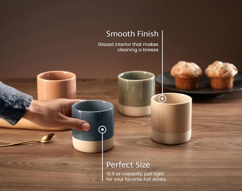 KooK Latte Cups - Artisanal Ceramic Stoneware | No Handle, Microwave & Dishwasher Safe, Multicolor, 10.5 oz Set of 4