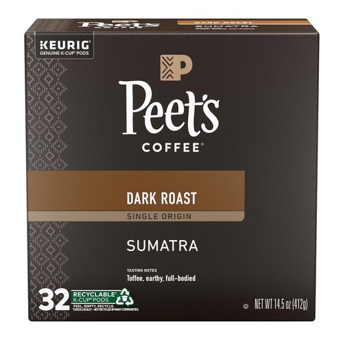 Peet's Coffee, Dark Roast Single Serve Coffee Pods, 100% Arabica Coffee - Single Origin Sumatra 32 Count (1 Box of 32 Pods)