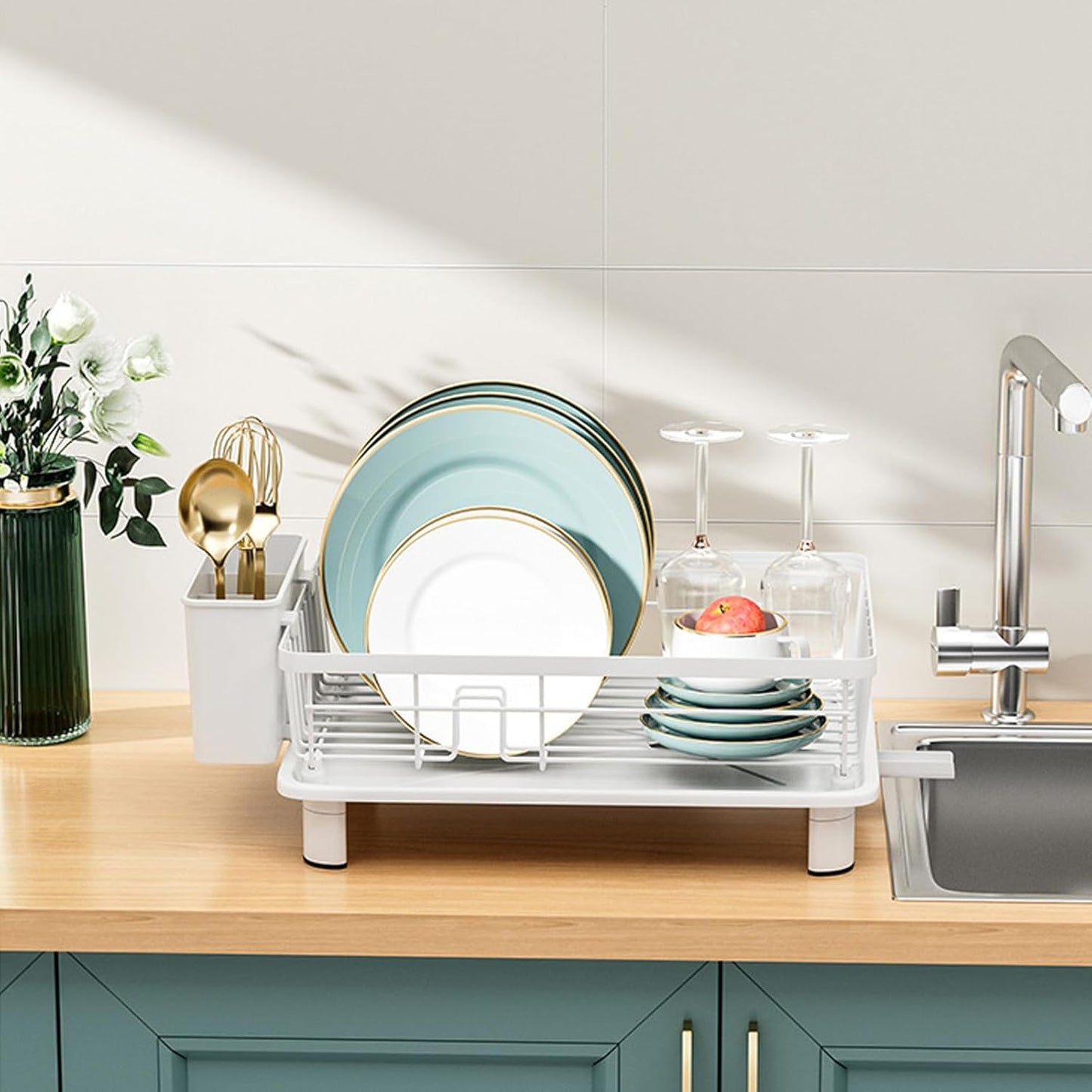 Skiennix Small Dish Drying Rack - Space-Saving Kitchen Organizer with Cutlery Holder | 11''W x 15''L, White