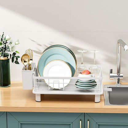 Skiennix Small Dish Drying Rack - Space-Saving Kitchen Organizer with Cutlery Holder | 11''W x 15''L, White