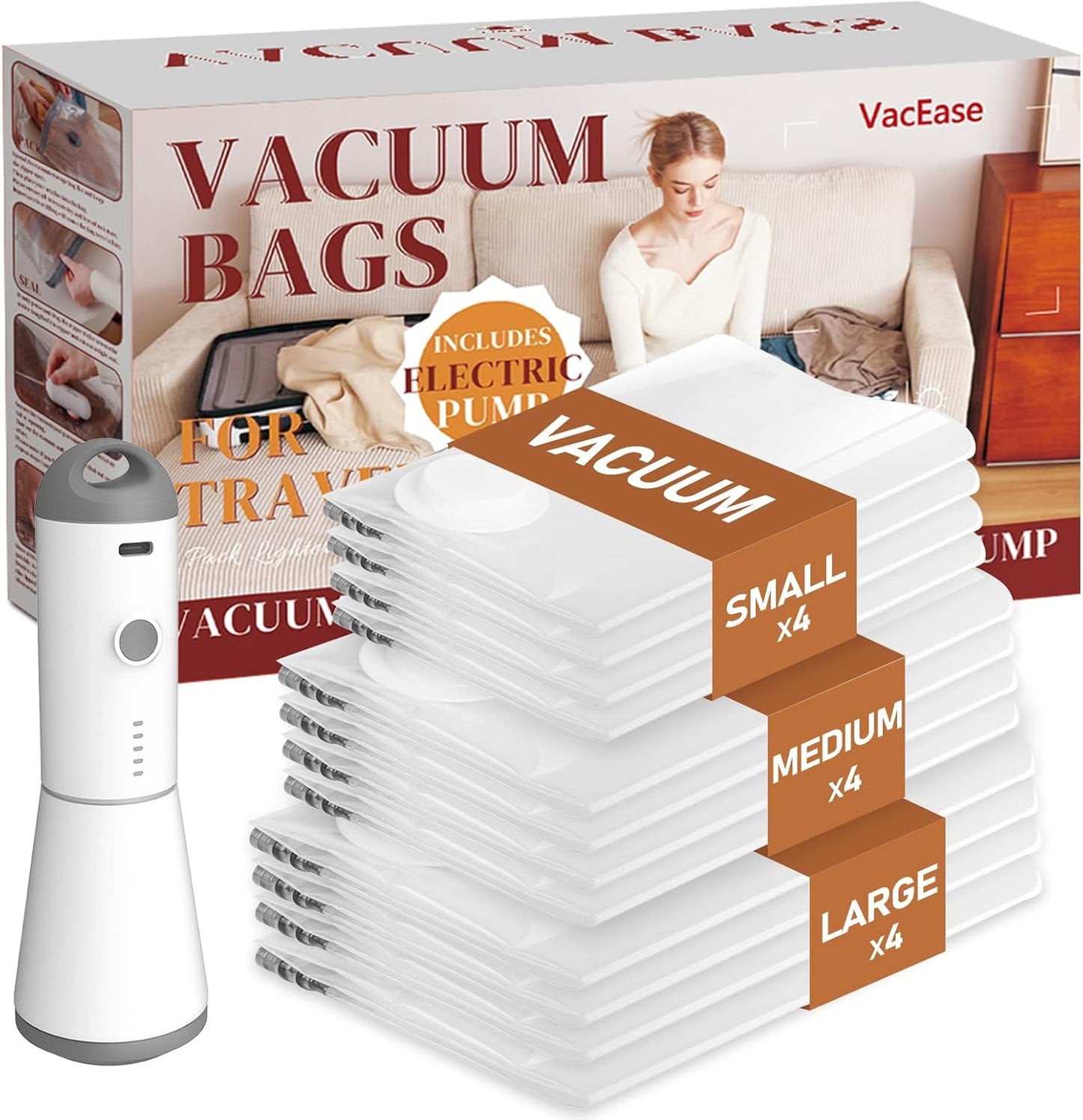 Vacbird Travel Vacuum Storage Bags - 12 Pack with Rechargeable Cordless Pump | Compression Packing for Clothes, Luggage & More