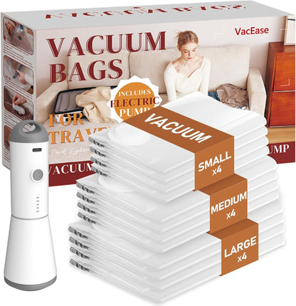 Vacbird Travel Vacuum Storage Bags - 12 Pack with Rechargeable Cordless Pump | Compression Packing for Clothes, Luggage & More