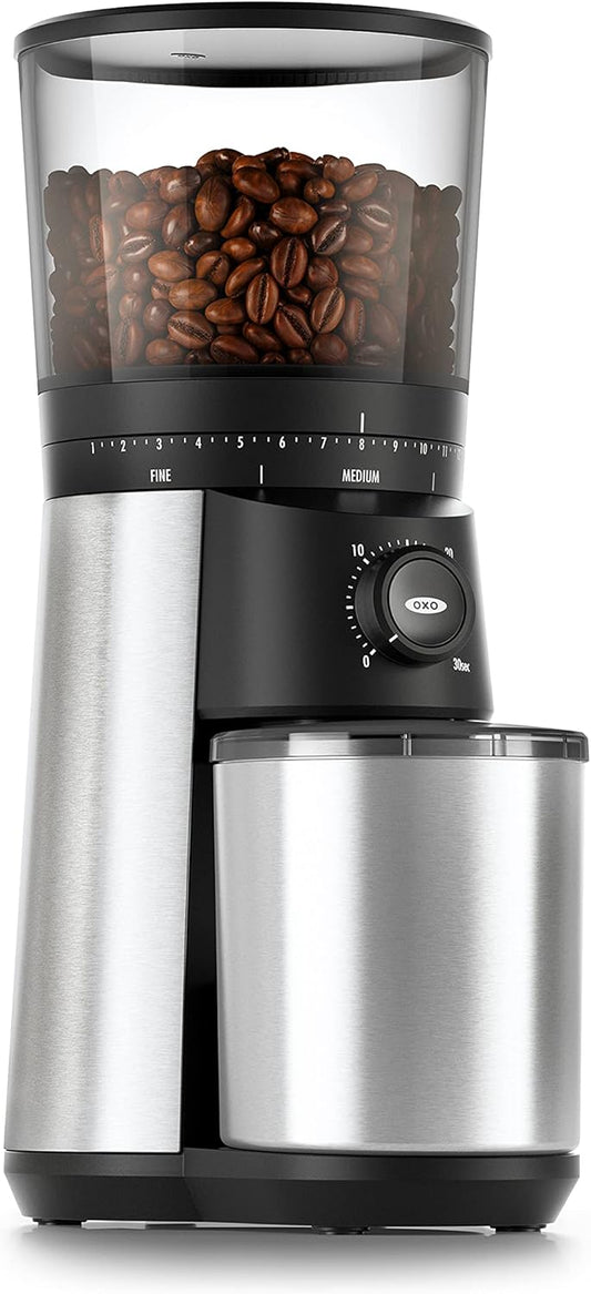 OXO Brew Conical Burr Coffee Grinder - One-Touch Automatic Grind, Silver Stainless Steel Design