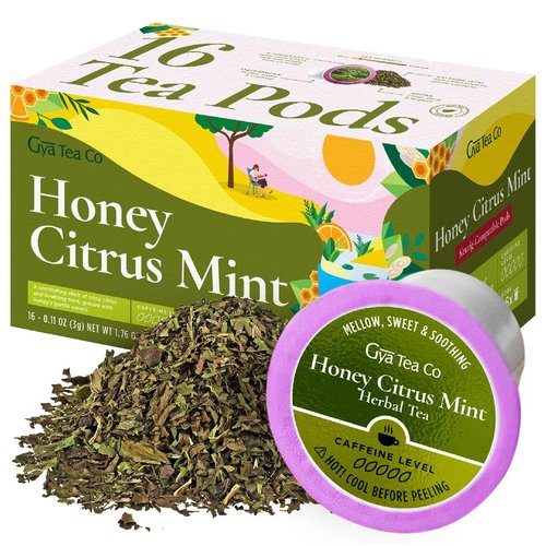 Gya Tea Co Honey Citrus Mint Herbal Tea Pod (16 Count)- Decaf Wellness Tea for Body Comfort & Relaxing