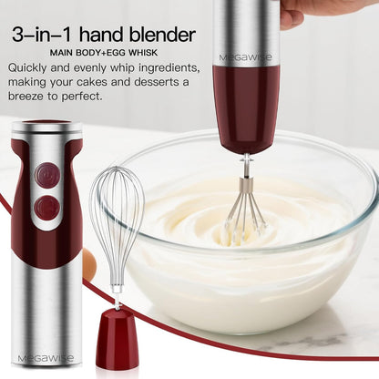 MegaWise Pro 3-in-1 Immersion Hand Blender - Powerful 12-Speed Motor, Titanium Reinforced Blades, Red