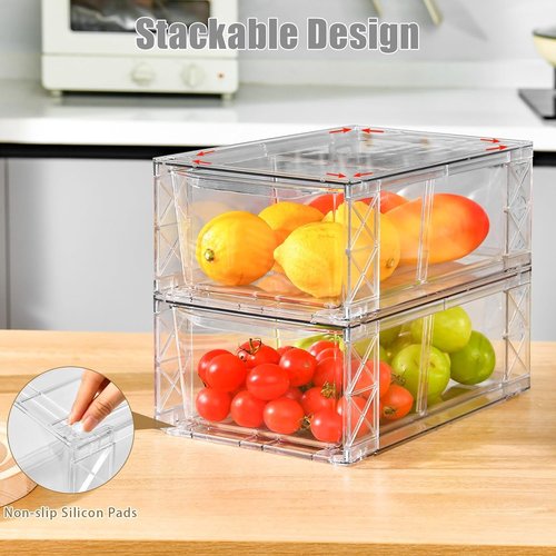 Clemate 6-Pack Clear Pantry Organizers - Stackable Kitchen Storage Bins with Handles for Easy Assembly