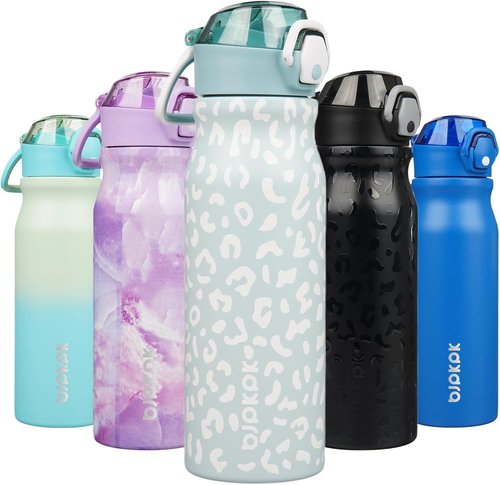 BJPKPK Insulated Water Bottle - 25oz Reusable Stainless Steel Flask with Straw & Leak-Proof Lid | Light Blue Leopard