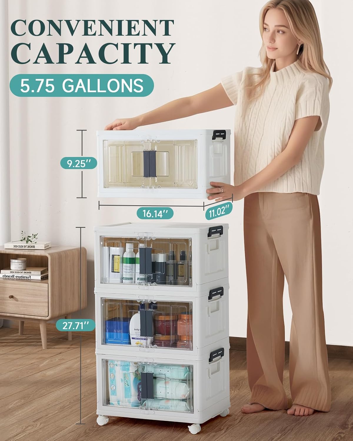 OlarHike 23QT Stackable Storage Bins - Collapsible Plastic Boxes with Lids & Wheels | 3-Pack for Home Organization