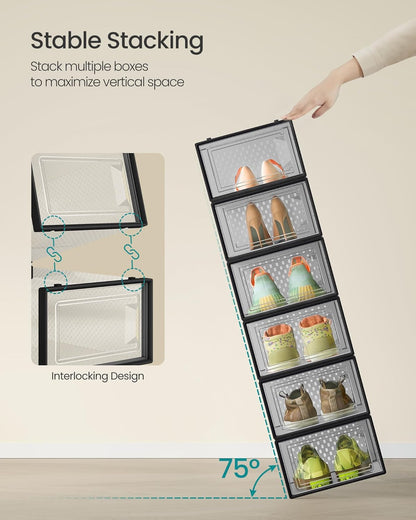 SONGMICS Shoe Boxes - Pack of 12 Stackable Clear Plastic Organizers for Sneakers | 13.1 x 9.1 x 5.6 Inches