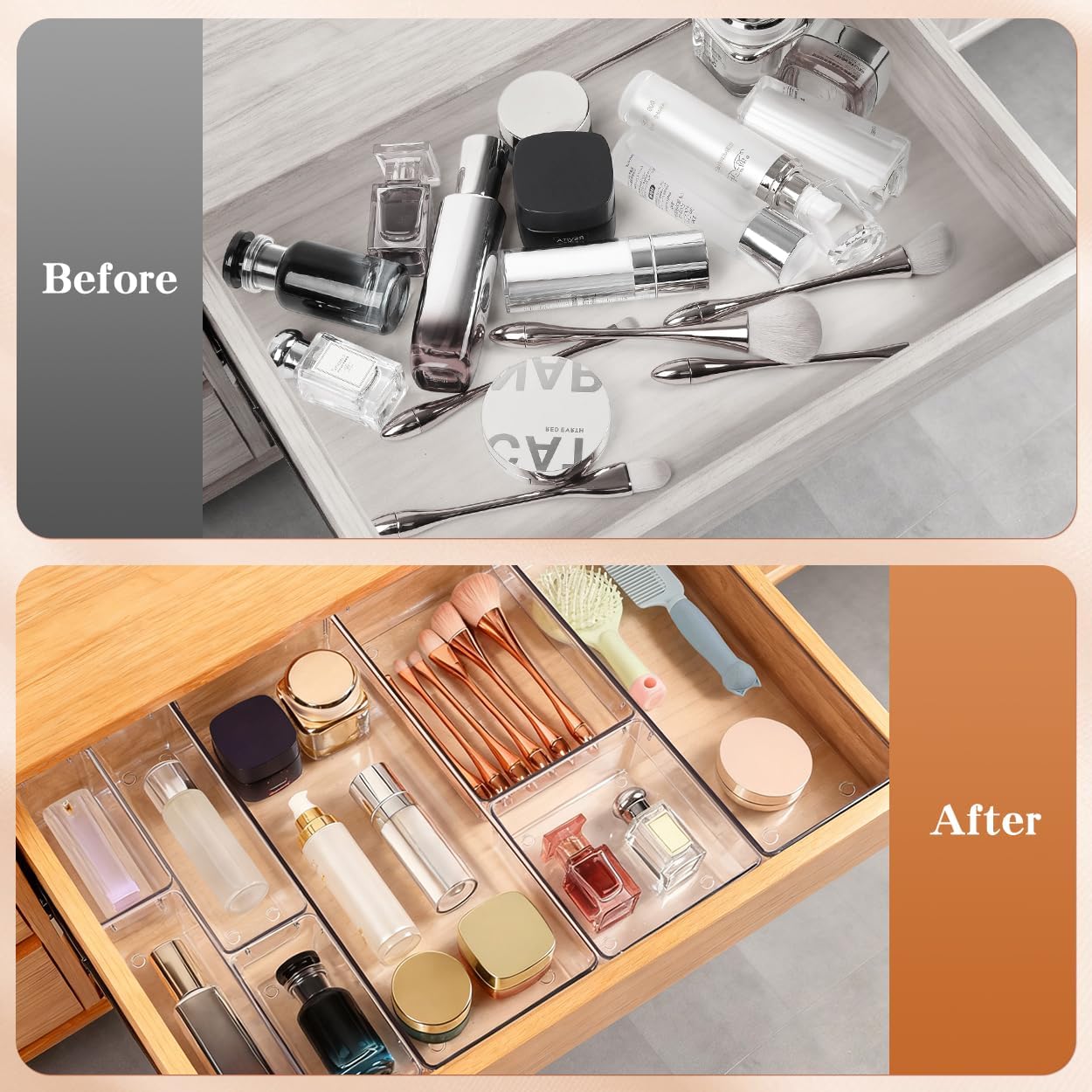 Skiennix 26 PCS Clear Drawer Organizer Bins - Versatile Plastic Storage Trays with Non-Slip Pads for Makeup, Jewelry, and Office Supplies