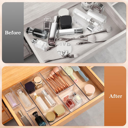 Skiennix 26 PCS Clear Drawer Organizer Bins - Versatile Plastic Storage Trays with Non-Slip Pads for Makeup, Jewelry, and Office Supplies