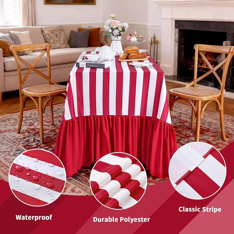 Red & White Striped Ruffle Tablecloth 80x120 In Waterproof Polyester - Birthday Wedding Dinner
