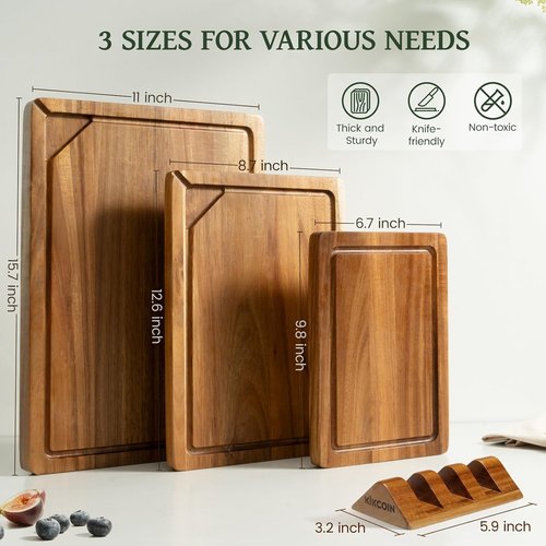 Kikcoin Wooden Cutting Boards Set - 3 PCS Kitchen Chopping Boards with Holder & Juice Groove