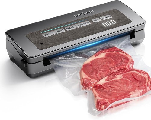Anybear Vacuum Sealer Machine - 90kPa 120W All-in-One Food Storage with Built-in Cutter | Gray, 2 Bag Rolls & 5 Pre-Cut Bags