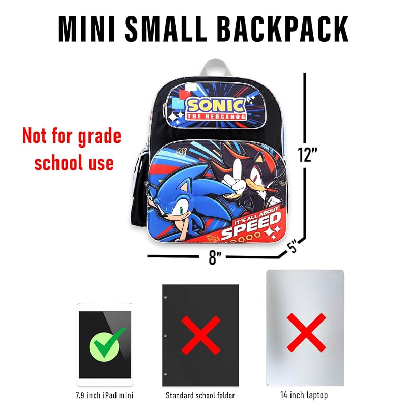 Sonic The Hedgehog Kids Mini Backpack 12 Inch with Bundle, Adjustable Straps