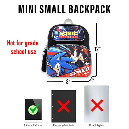 Sonic The Hedgehog Kids Mini Backpack 12 Inch with Bundle, Adjustable Straps