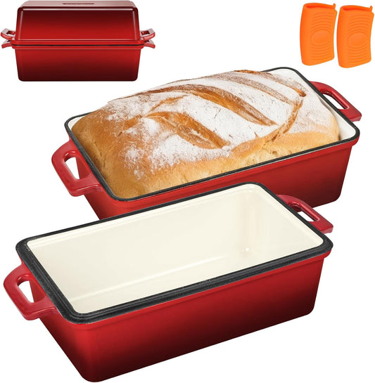 Wildone Enameled Cast Iron Bread Loaf Pan - 9x5 Sourdough Baking Set with Lid, Even Heating, Red